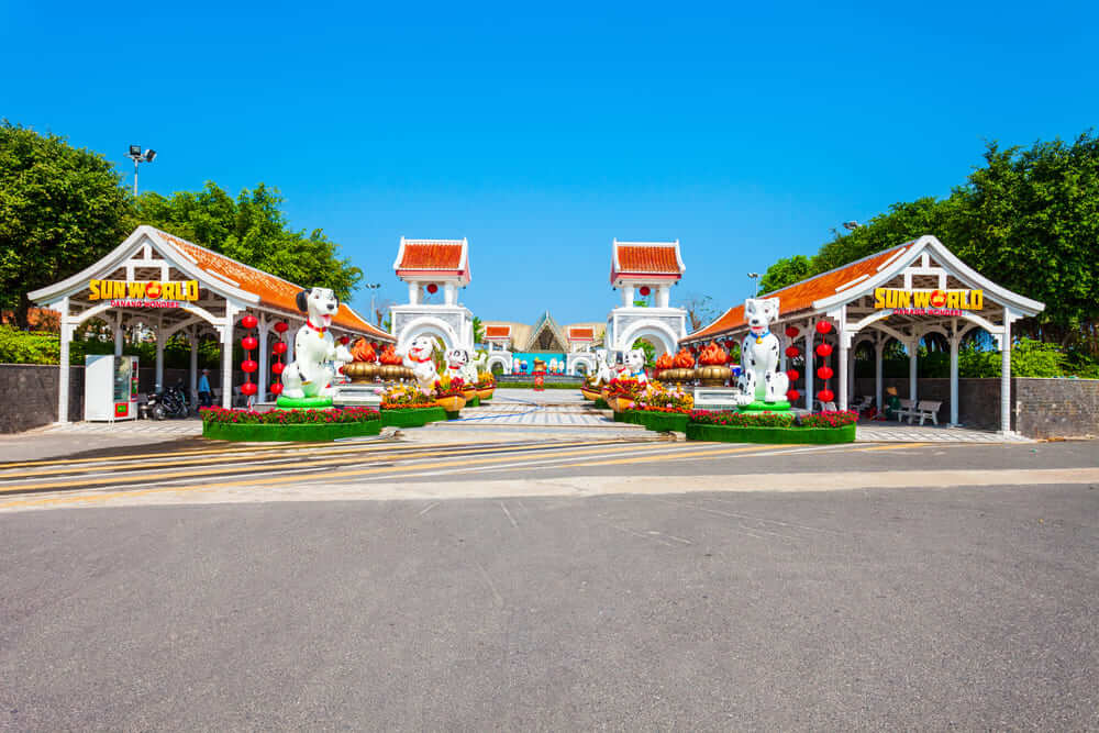Entrance to Sun World Danang with festive mascots